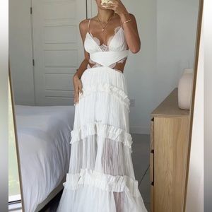Lacey White Sleeveless Pleated Layered Cutout Maxi Dress